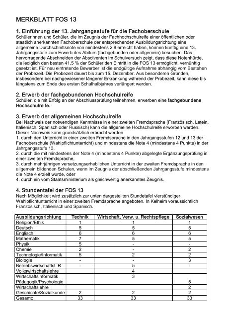MERKBLATT FOS 13 - Berufsschule, BOS und FOS Kelheim