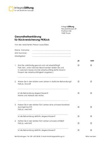 Gesundheitserklärung für Rückversicherung PKRück - Integral Stiftung