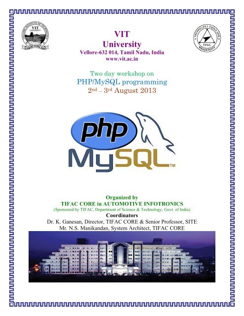 Two day workshop on PHP/MySQL programming - VIT University