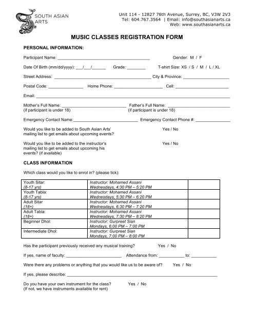 MUSIC CLASSES REGISTRATION FORM - Mohamed Assani