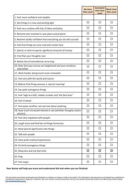 Black Dog Institute Mood Chart Bipolar