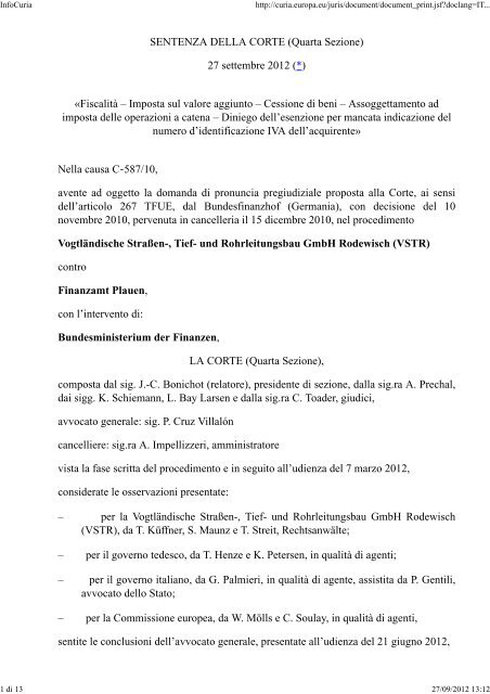 Corte di Giustizia dell'Ue, sentenza 27 settembre 2012, causa C-587 ...