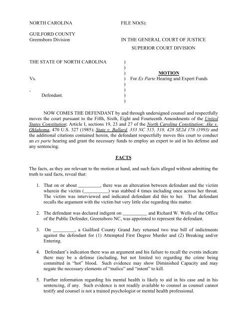 Motion For Ex Parte Hearing And Expert Funds Indigent Defense