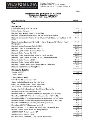 Mietpreisliste gültig bis 31.12.2011 Mischpulte ... - Westomedia