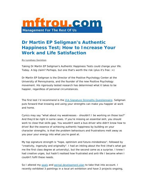 Dr Martin EP Seligman's Authentic Happiness Test - Management ...