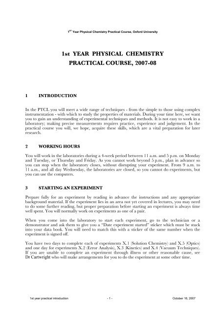 1st YEAR PHYSICAL CHEMISTRY PRACTICAL COURSE, 2007-08