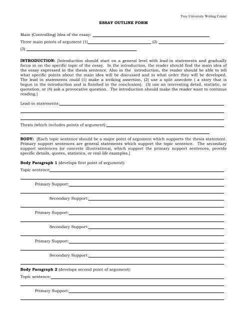 ESSAY OUTLINE FORM Main (Controlling) Idea of ... - Troy University