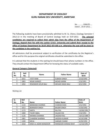 department of zoology guru nanak dev university, amritsar