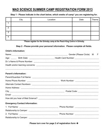 MAD SCIENCE SUMMER CAMP REGISTRATION FORM 2010