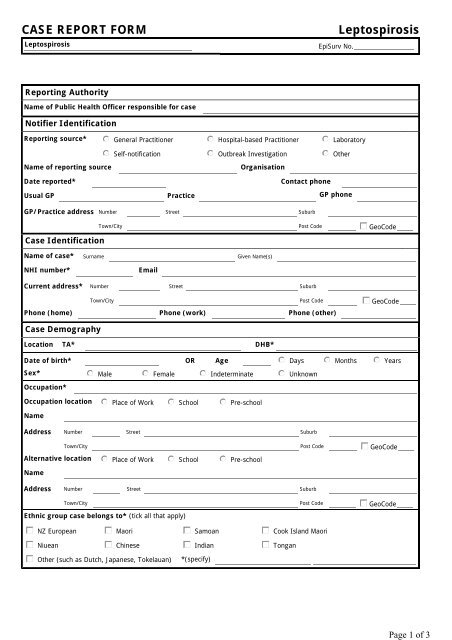 CASE REPORT FORM Leptospirosis - Public Health Surveillance