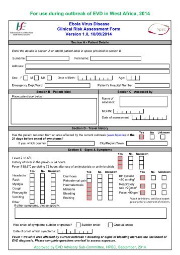 Viral Haemorrhagic Fevers Clinical Risk Assessment Form Version ...