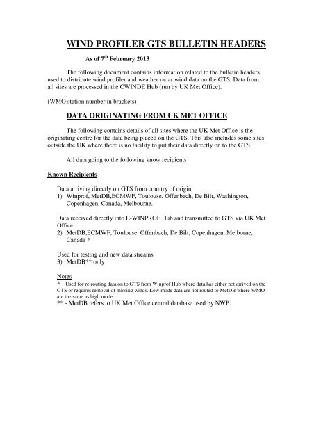 WIND PROFILER GTS BULLETIN HEADERS - Met Office