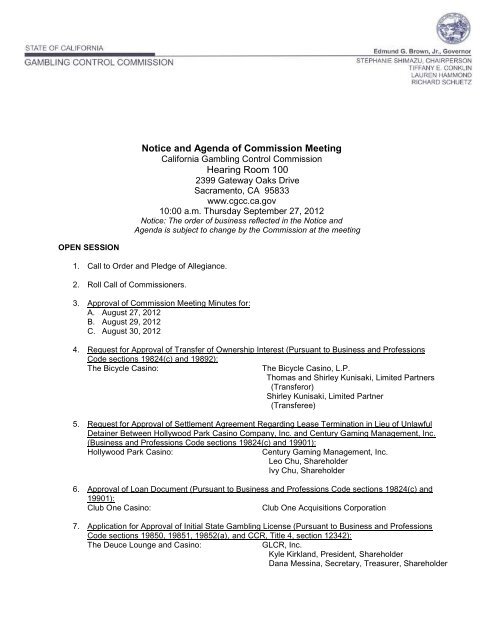 Notice And Agenda Of Commission Meeting - California Gambling ...