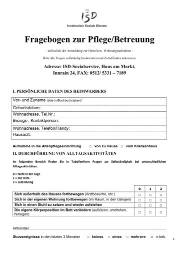 Fragebogen zur Pflege/Betreuung - Innsbrucker Soziale Dienste