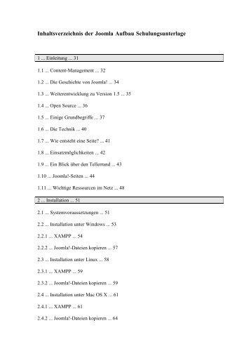 Inhaltsverzeichnis der Joomla Aufbau Schulungsunterlage