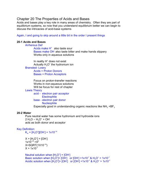 Chapter 20 The Properties of Acids and Bases