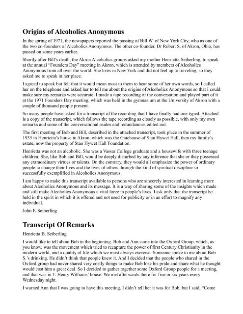 Origins of Alcoholics Anonymous Transcript Of Remarks - Midland