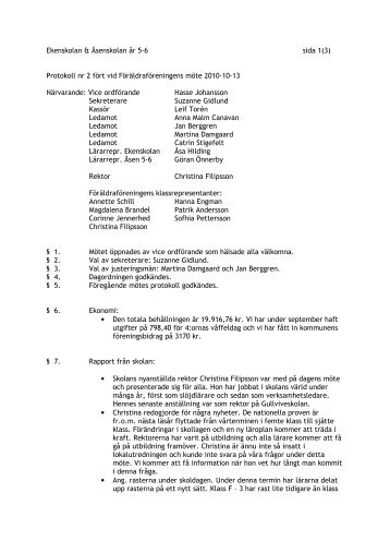 Protokoll nr 2 fÃ¶rt vid FÃ¶rÃ¤ldrafÃ¶reningens mÃ¶te 2010-10-13 ...