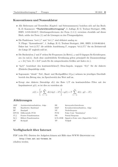 Â¨Ubungen NachrichtenÃ¼bertragung I SS 2010 - UniversitÃ¤t Bremen