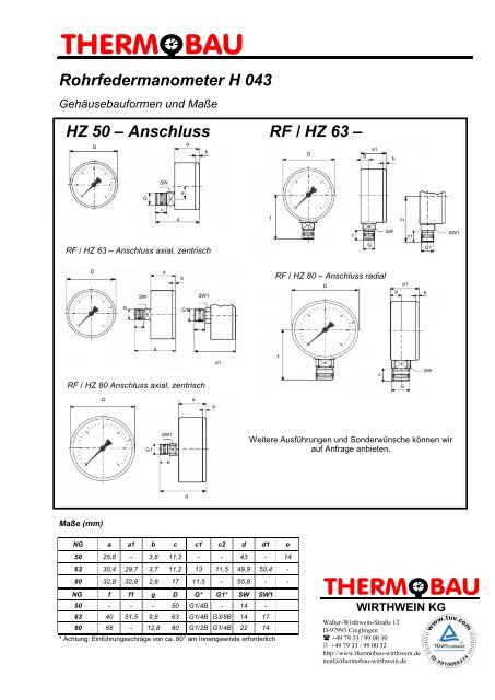 Rohrfedermanometer H 043 - Thermobau Wirthwein