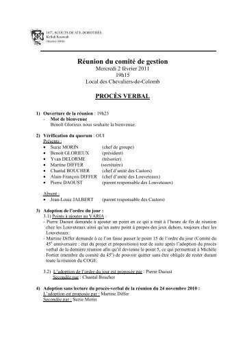 ProcÃ¨s verbal de la rÃ©union COGE 2 fÃ©vrier 2011 - scoutssd.ca