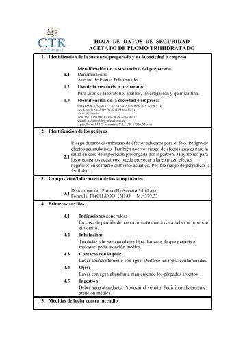 Acetato de Plomo Trihidratado MSDS - CTR Scientific