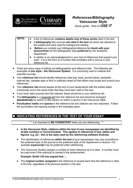 References/Bibliography Vancouver Style References/Bibliography Vancouver Style