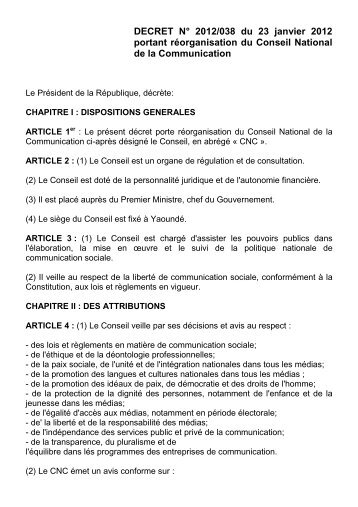 DECRET NÂ° 2012/038 du 23 janvier 2012 portant rÃ©organisation du ...