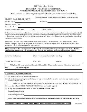 MVSD student field trip waiver form - Mill Valley School District