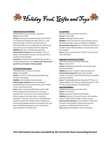 a list of Holiday Assistance - Cincinnati State