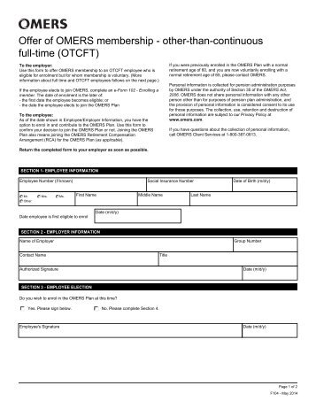 Form 104 â Offer of OMERS Membership â Part-time Employee