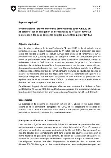 Rapport explicatif Modification de l'ordonnance sur la ... - BAFU