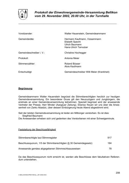 Protokoll der Einwohnergemeinde-Versammlung Bellikon vom 29 ...