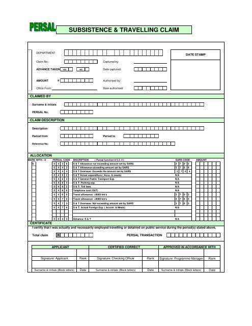 Subsistence & Travelling Claim Form - Department of Public Works