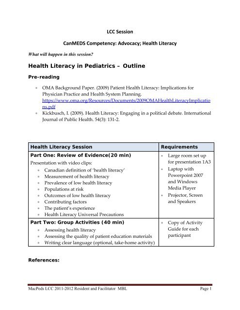 Health Literacy in Pediatrics - McMaster Pediatrics Residency Program