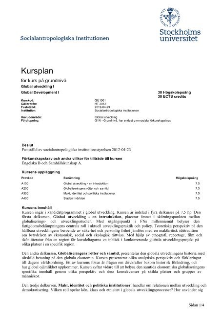 Utbildningsplan fÃ¶r kurs GU1001 - Socialantropologiska institutionen