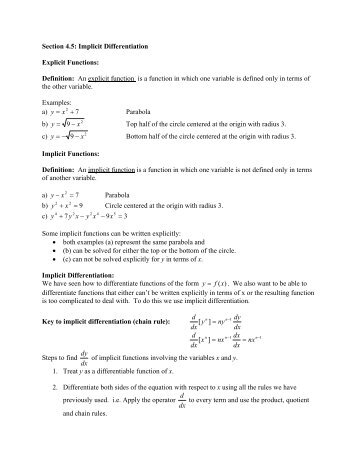 Section 4.5: Implicit Differentiation Explicit Functions: Definition: An ...