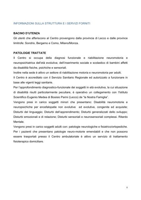 carta dei servizi sede di Lecco - IRCCS Eugenio Medea