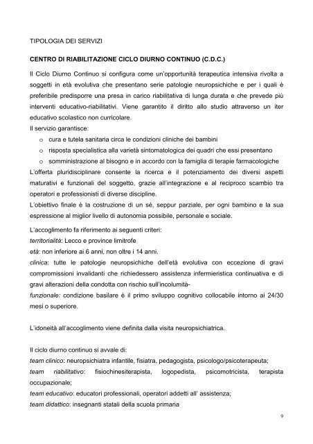 carta dei servizi sede di Lecco - IRCCS Eugenio Medea