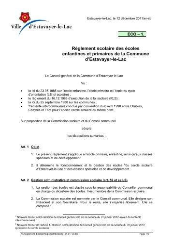 Règlement scolaire des écoles enfantines et ... - Estavayer-le-Lac