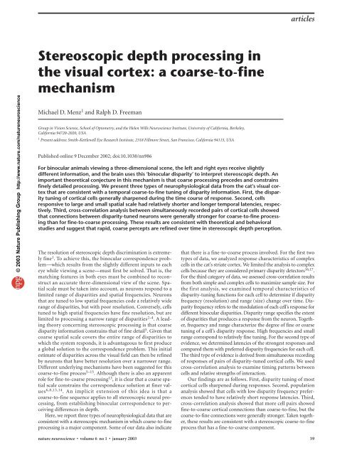 Stereoscopic depth processing in the visual cortex: a coarse-to-fine ...