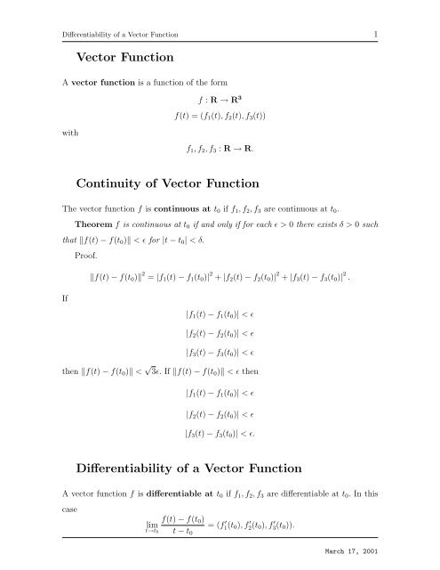 Vector Function Continuity of Vector Function Differentiability of a ...