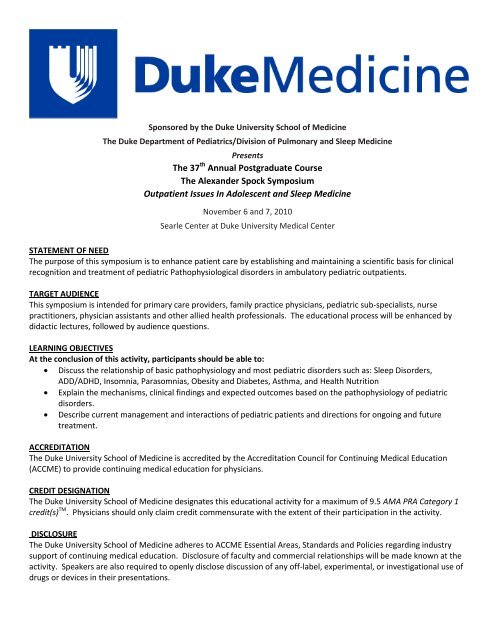 The Alexander Spock Symposium brochure - Duke Pediatrics Intranet