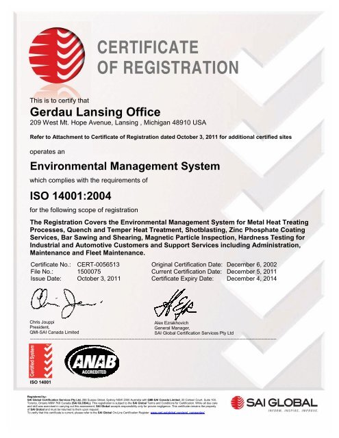 ISO 14001 Certificate Lansing Office - Gerdau Special Steel North ...