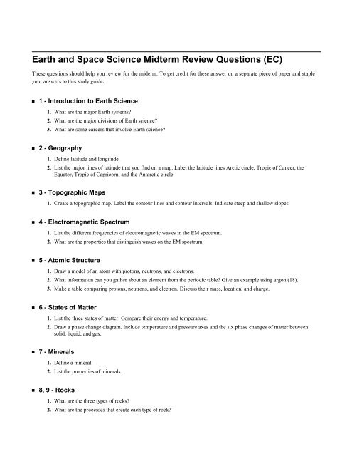 Earth and Space Science Midterm Review Questions (EC)
