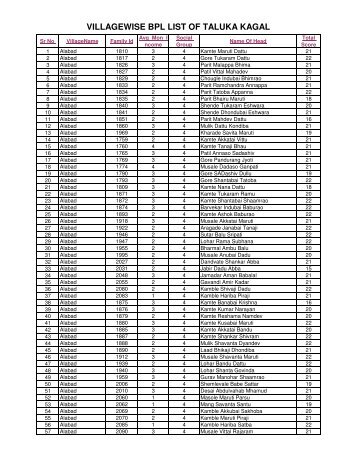 VILLAGEWISE BPL LIST OF TALUKA KAGAL