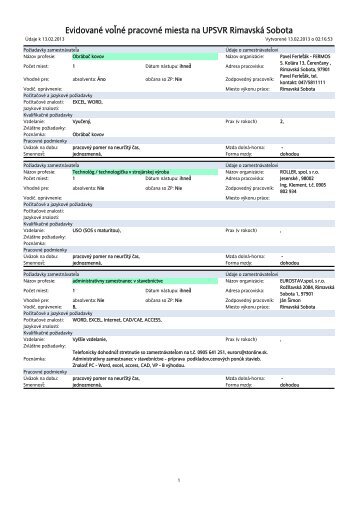 Evidované voľné pracovné miesta na UPSVR Rimavská Sobota