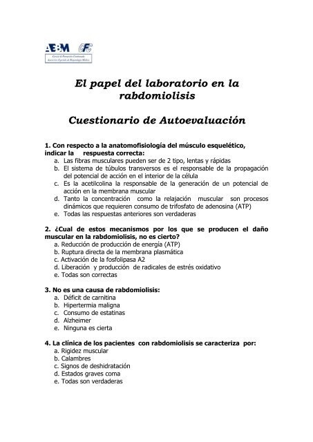 El papel del laboratorio en la rabdomiolisis Cuestionario de ...