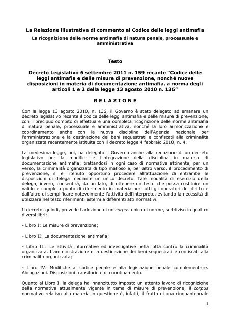 Relazione illustrativa al Codice antimafia - Ssai - Ministero Dell'Interno