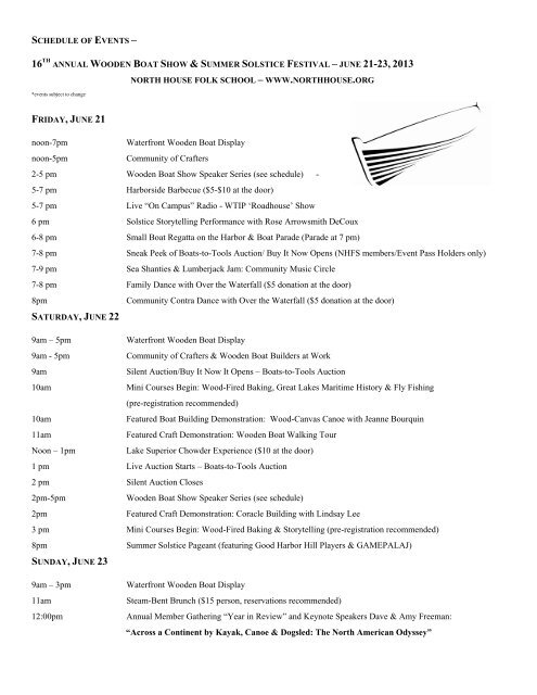 Schedule of Events - North House Folk School